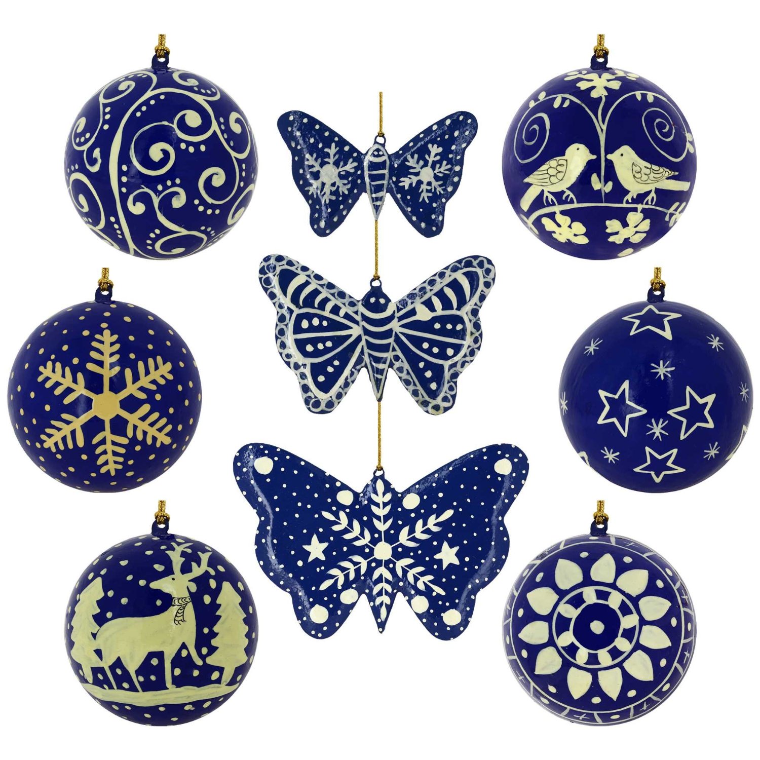 Blue Paper Mache Decorated Christmas Ornaments